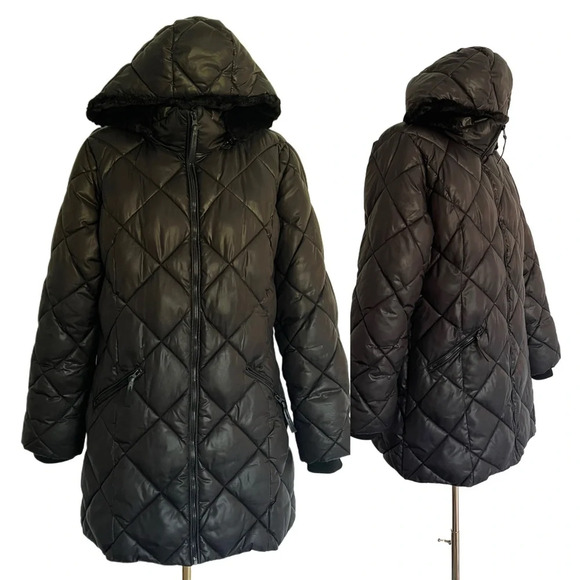 Sebby collection Jackets & Blazers - Sebby Collection puffer diamond fur long hooded jacket coat zip leather L
